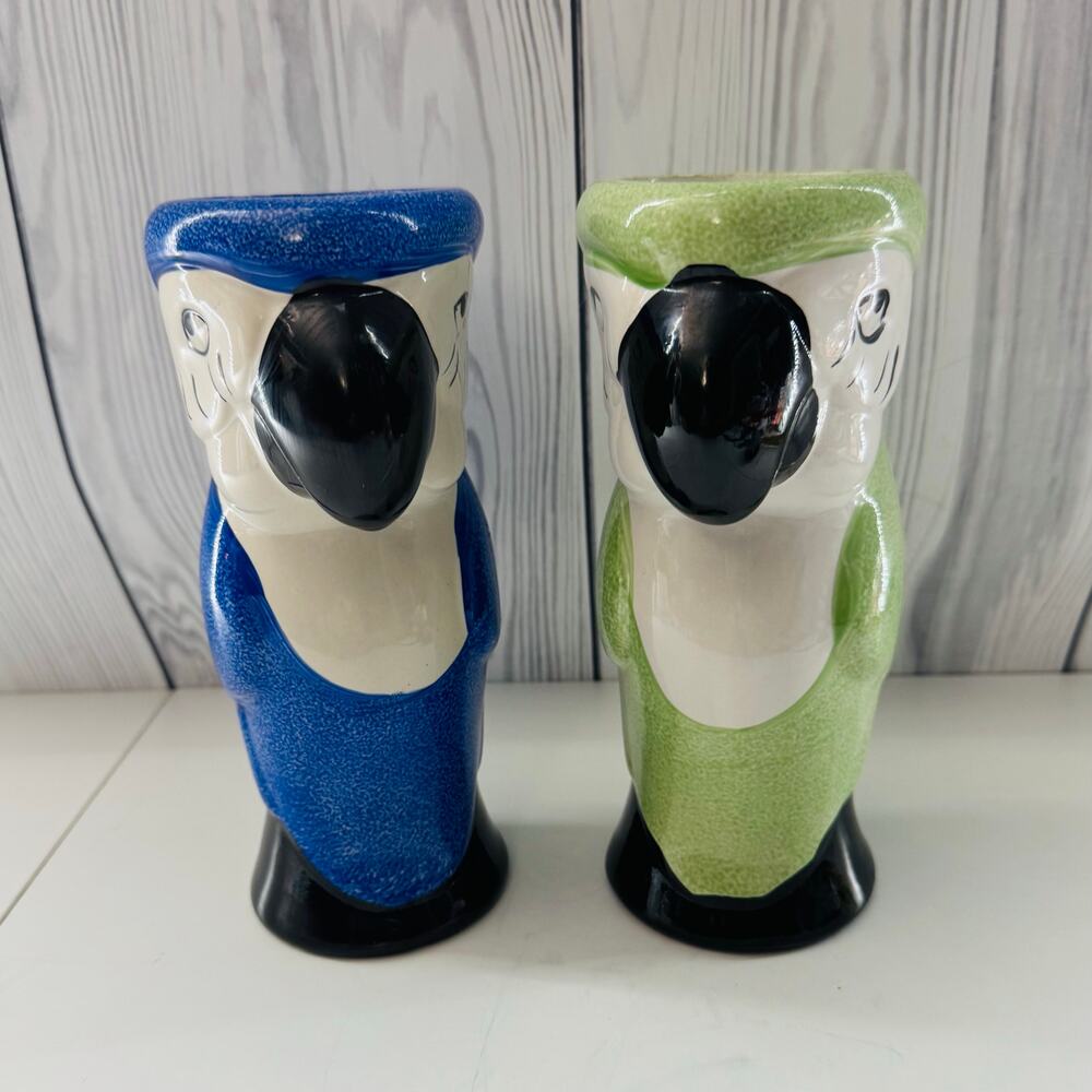 Set of 2 Vintage Parrot Macaw Ceramic Tropical Island Tiki 8" Vase Blue Green